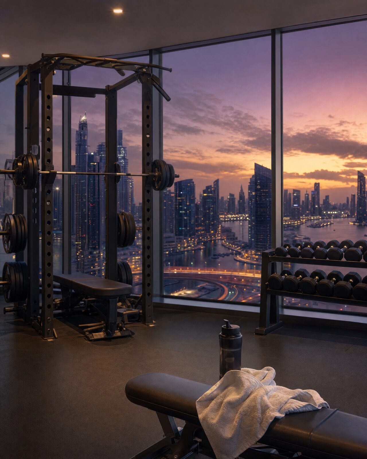 Residents' gym in a Dubai Marina tower at dawn