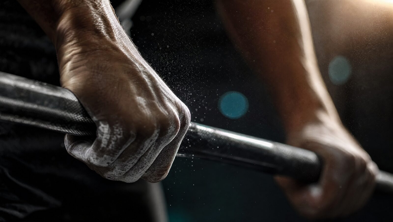 Chalked hands gripping a barbell in warm gym light