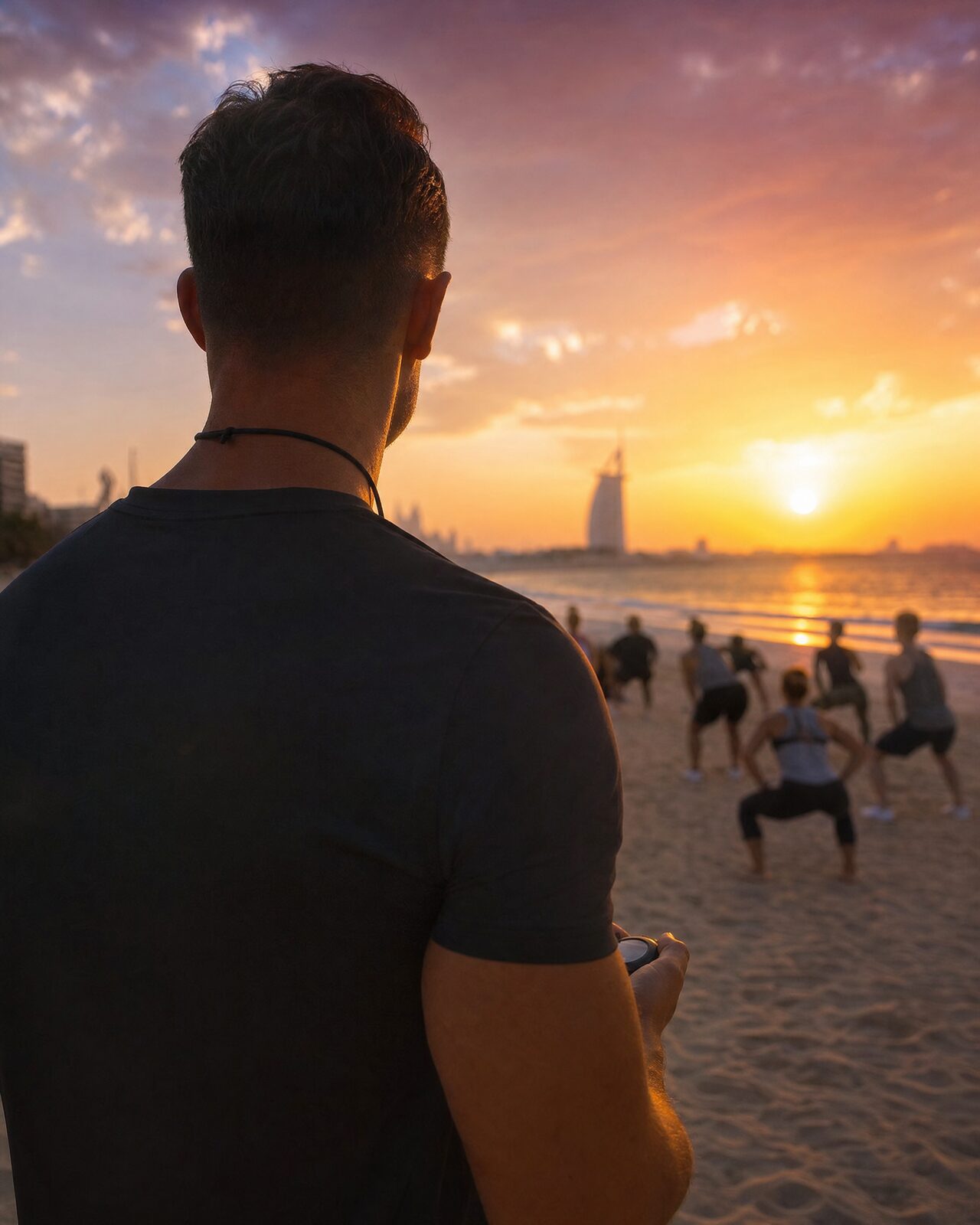 A coach with a stopwatch watching a group train on a Dubai beach at sunrise