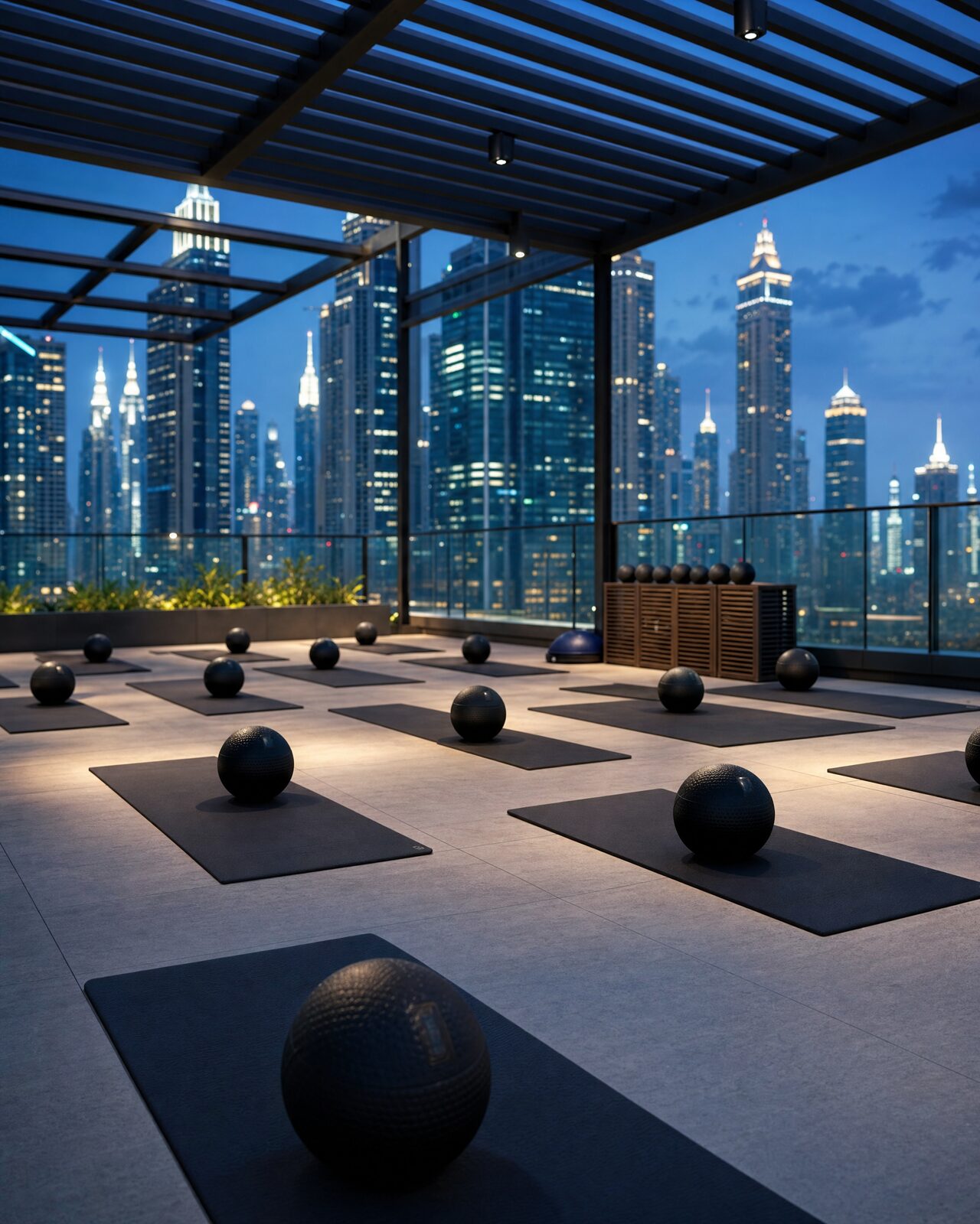 Rooftop terrace set up for a team bootcamp at blue hour