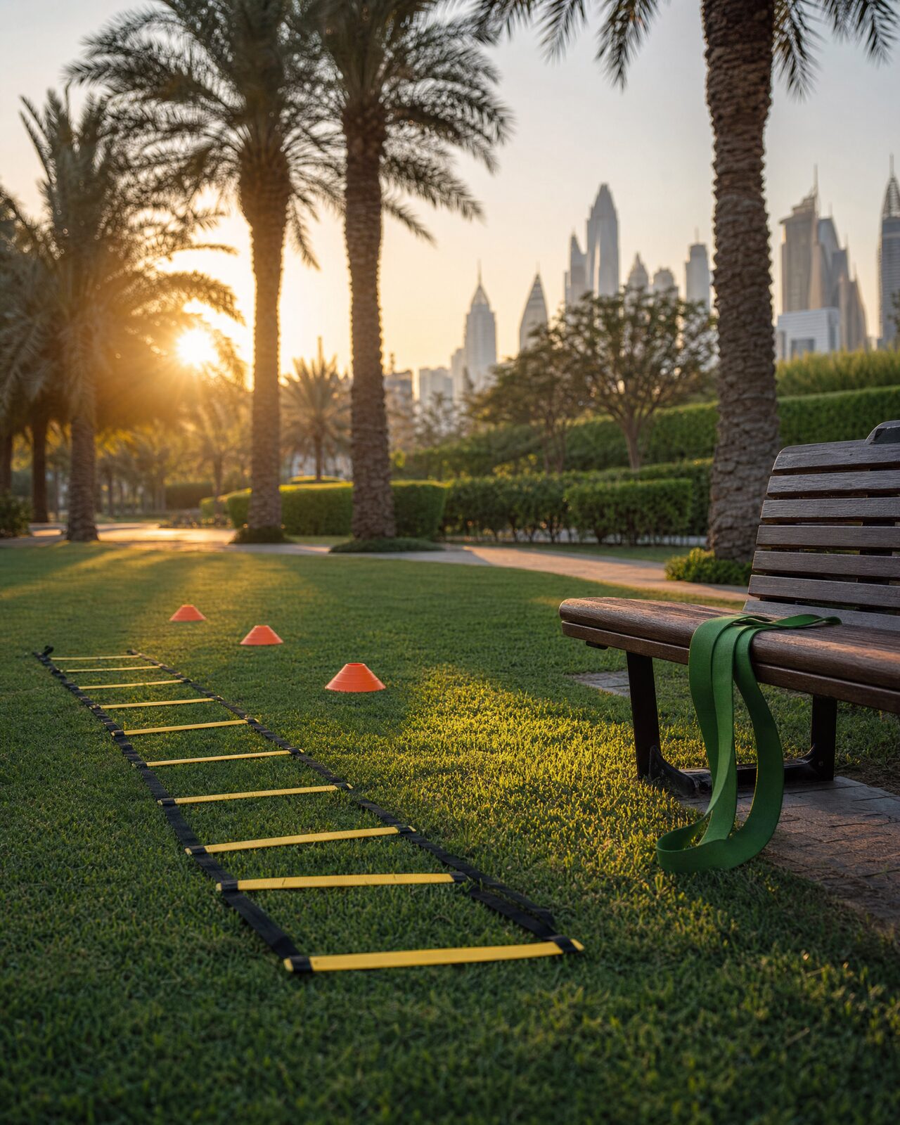 Agility ladder and cones laid on park grass at sunrise