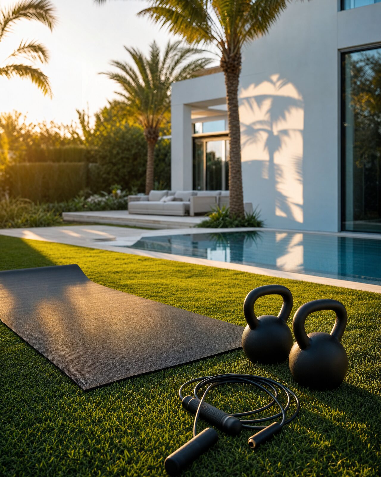 Training mat and kettlebells on a villa lawn at golden hour